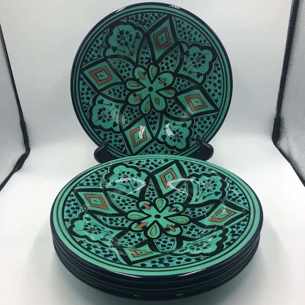 Pottery Barn Kasara Set of 4 Salad Plates Green Mosaic Porcelain Kaleidoscope